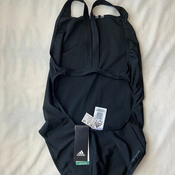 ADIDAS MID 3- STRIPES INFINITEX OPEN-BACK ONE PIECE SWIMSUIT BLACK JUNIOR US 32" - Picture 4 of 8